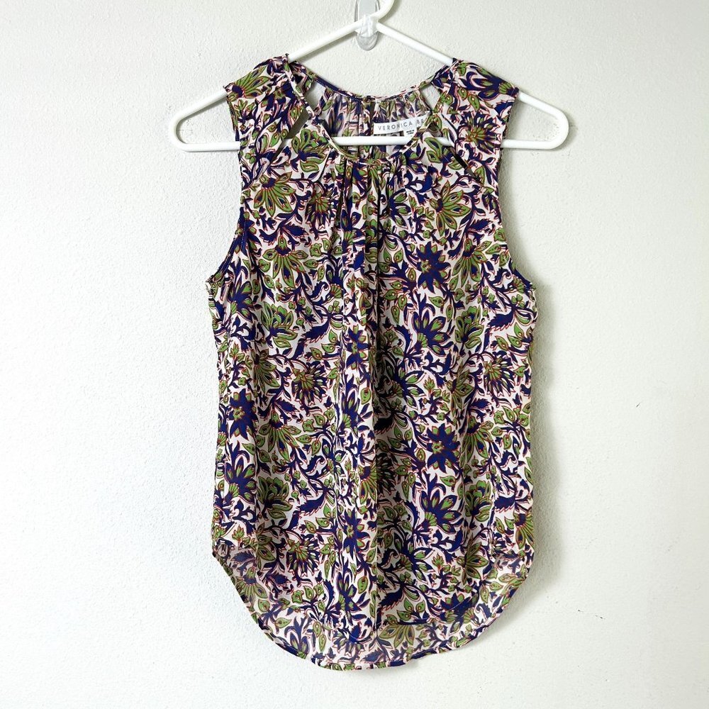 Veronica Beard Blouse Size 2 Blue Green Floral 100% Silk Sleeveless Top